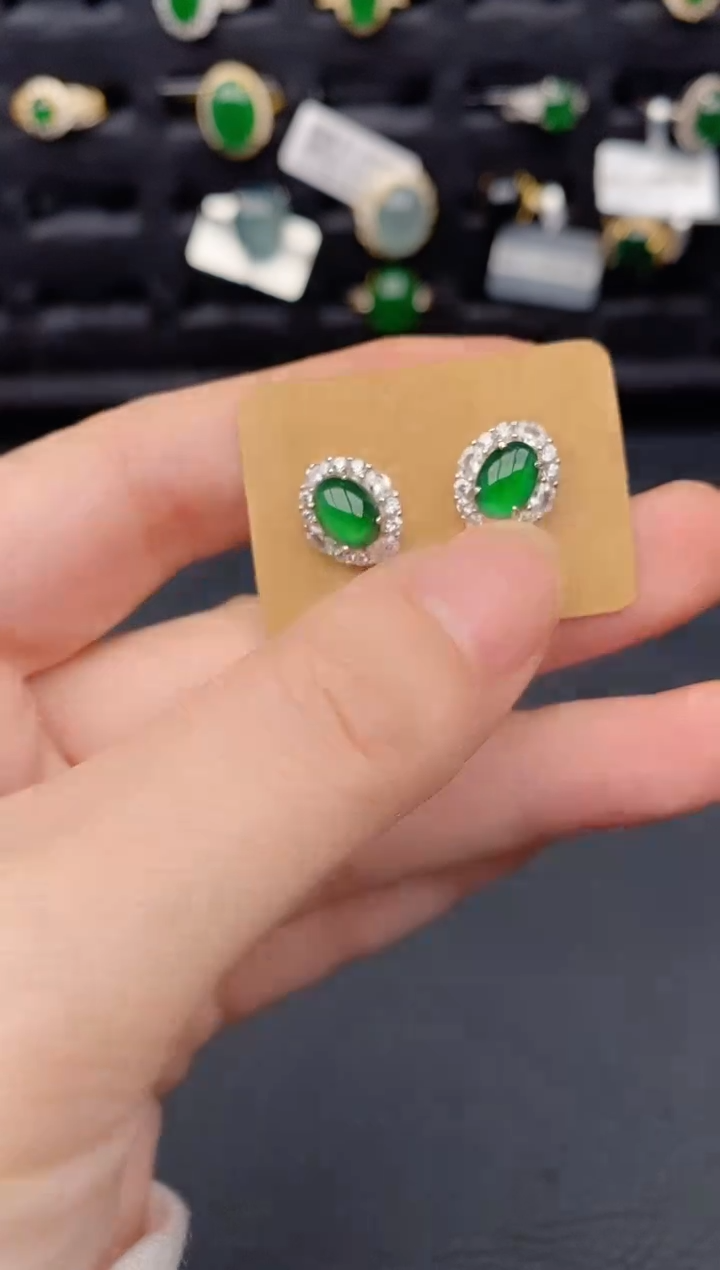 银S925镶嵌翡翠耳饰天然a货翡翠204
