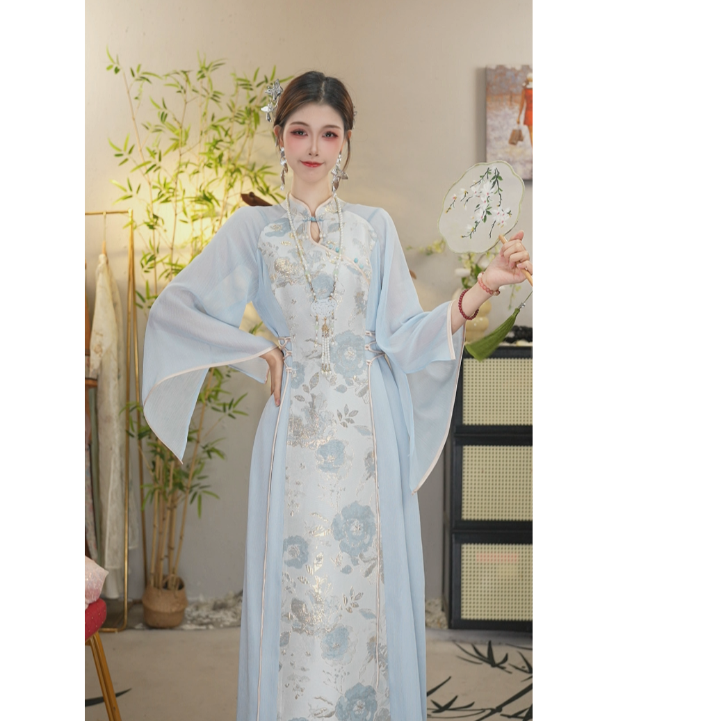 花享悦国风2025春季新款中国风飘逸日常蓝色长款连衣裙（6622