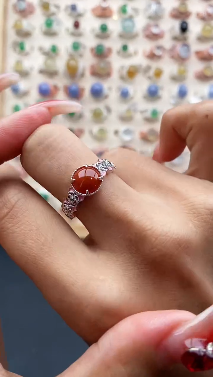 【闪购商品】翡翠戒指银S925镶嵌缅甸天然A货翡翠222 6+10