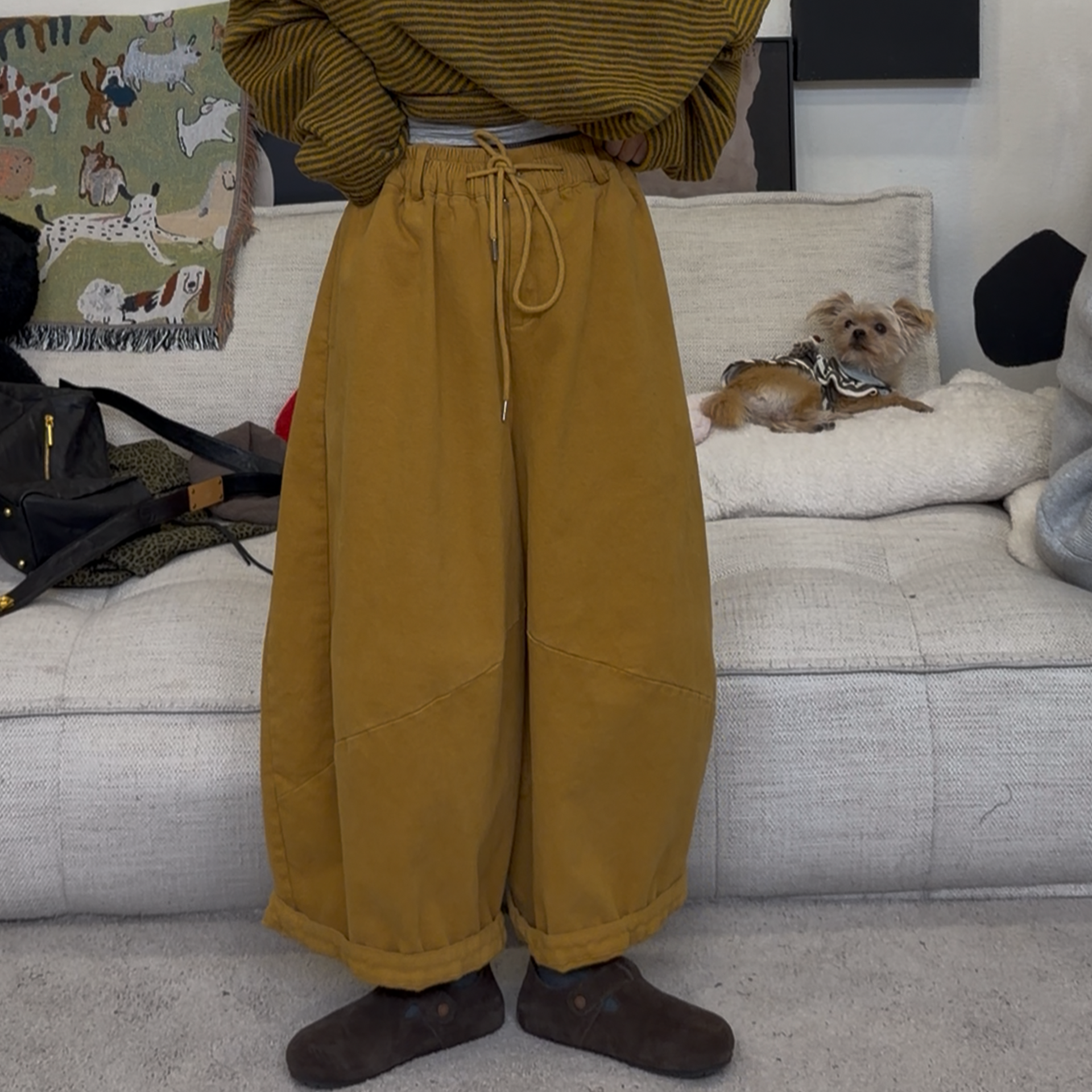 橘子罐头冬季新款百搭复古宽松日系韩版休闲抓绒两色阔腿裤