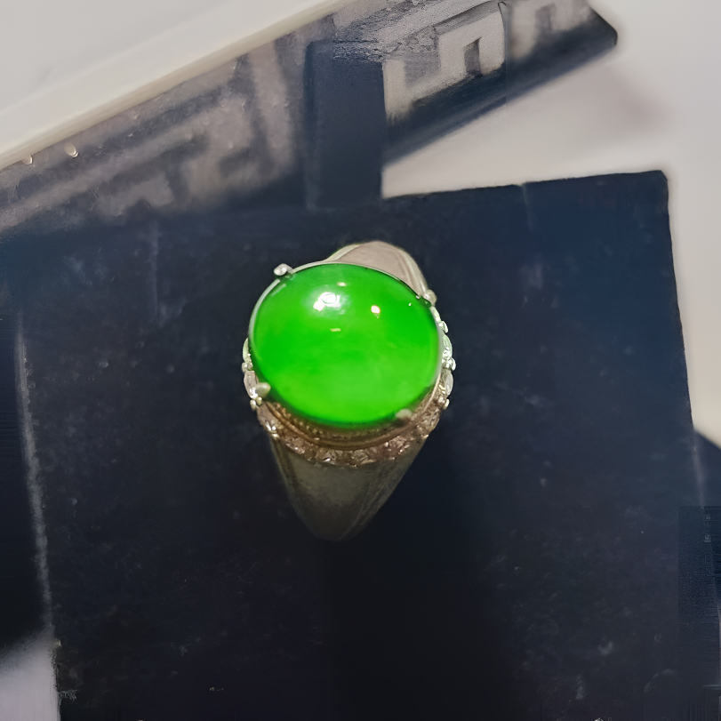 天然A货翡翠蛋面铜托戒指时尚绿色复古精美高冰满绿女士帝王绿
