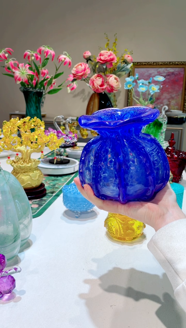 【闪购商品】琉璃手工艺品宝蓝色福袋花瓶 微瑕