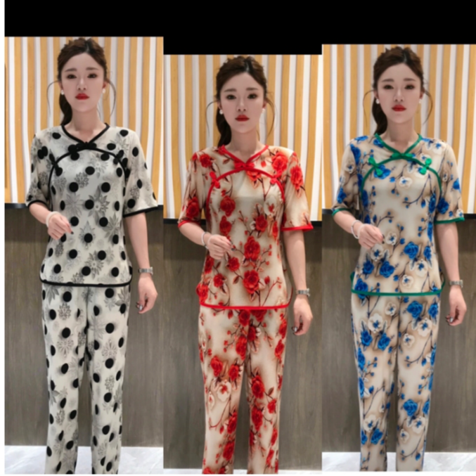 夏季V领上衣阔腿裤两件套装复古风修身显瘦大码女广场舞扭秧歌
