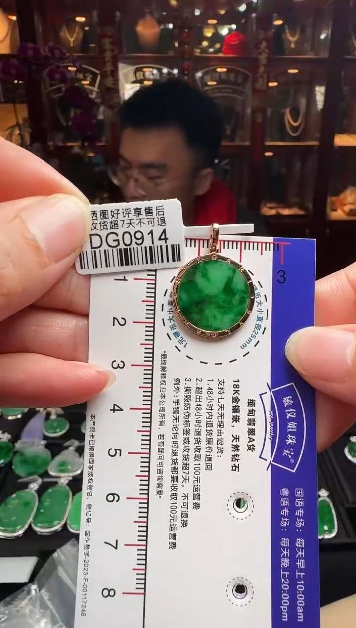 【闪购商品】翡翠颈饰18K金镶嵌DG0914冰绿无事牌