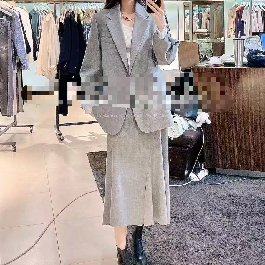 【jc201】通勤百搭米灰色宽松气质休闲西装套装女春季新款