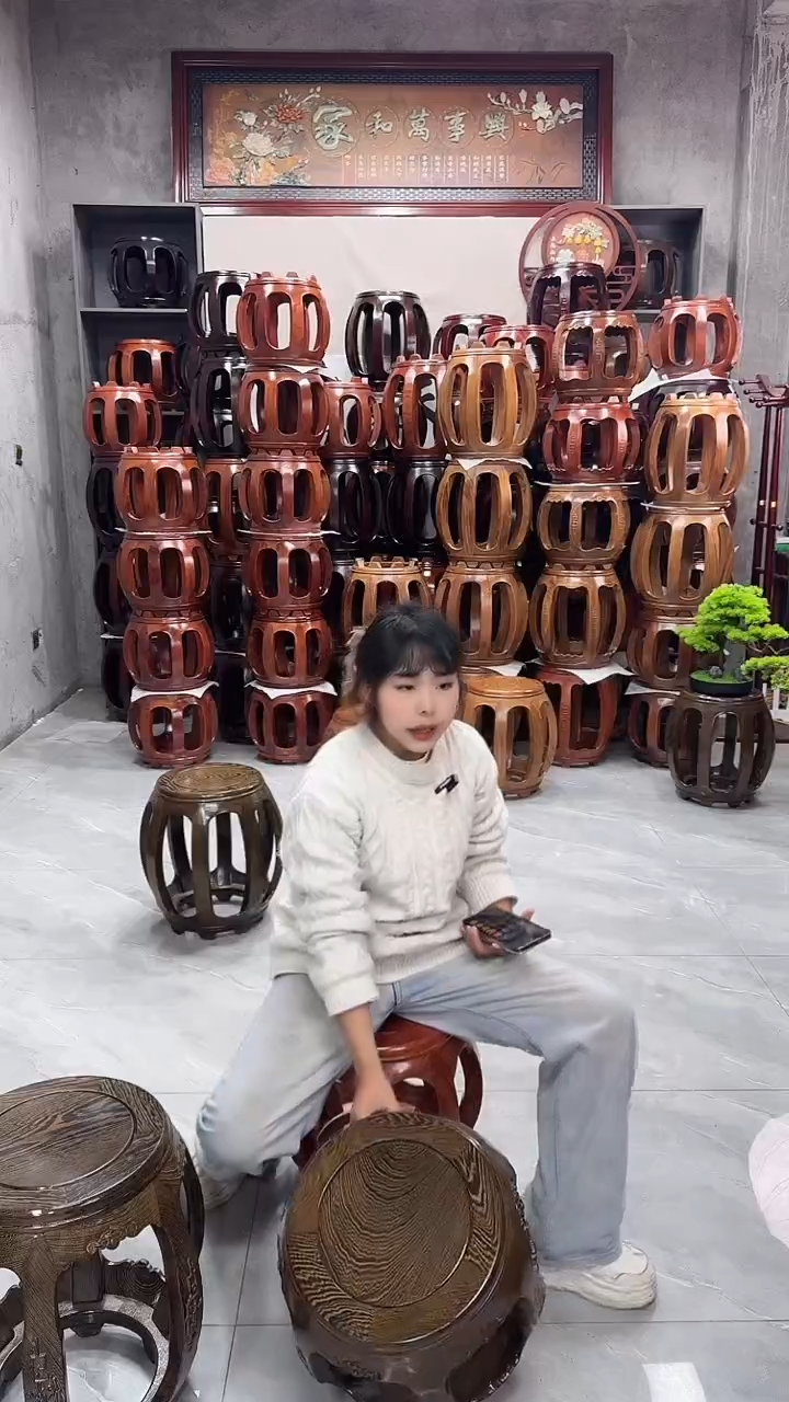 【闪购商品】鸡翅木类家具鸡翅木小号雕花鼓凳一对