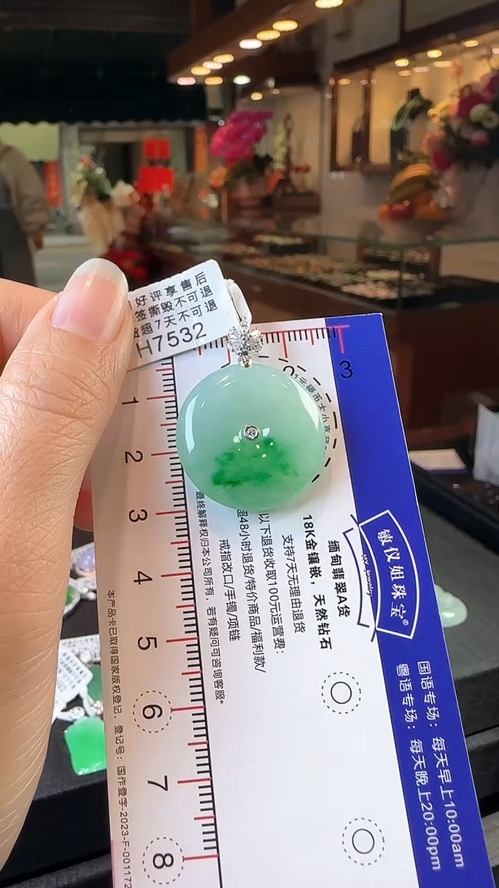 【闪购商品】翡翠颈饰18K金镶嵌H7532冰飘绿平安扣