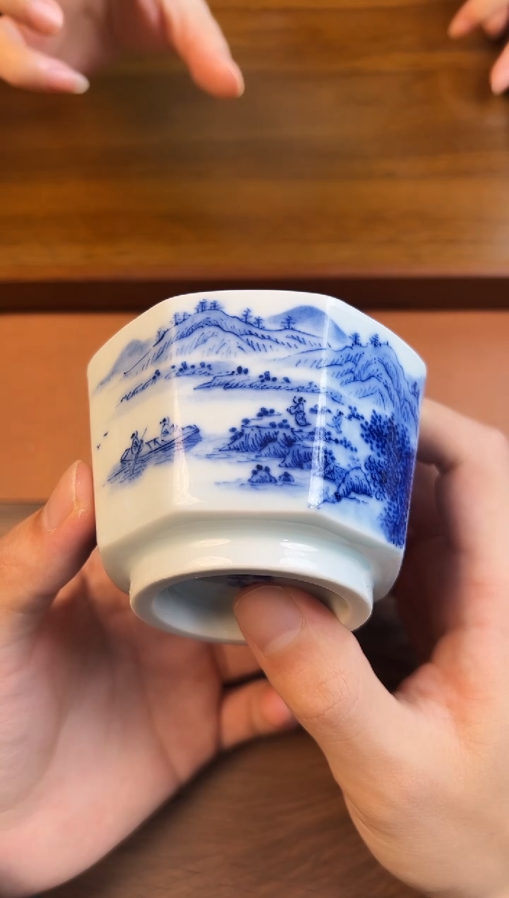 问青坊纯手工手绘青花山水柴窑八方杯