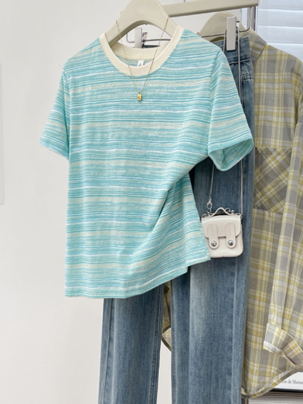 夏装条纹高级小众不撞款圆领t恤微胖女生穿搭宽松显瘦遮肉上衣女