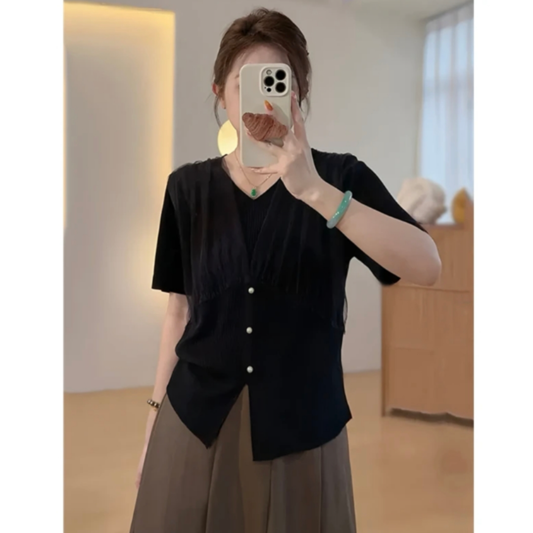 【工厂清清+现货】大码法式网纱拼接v领短袖显瘦遮肉藏肚子藏胸