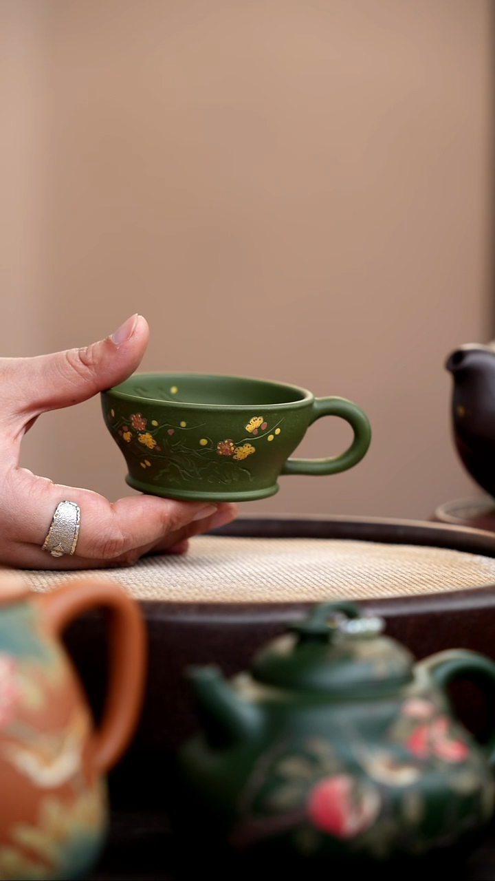 茶壶紫砂民国绿手把杯彩刻梅花