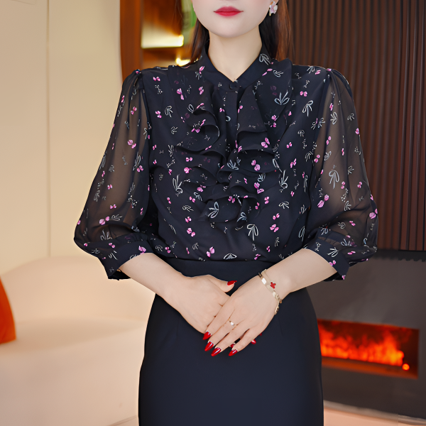 【黑樱纷语】新款中袖时尚百搭轻奢衬衫春季高端气质小衫上衣0329-9