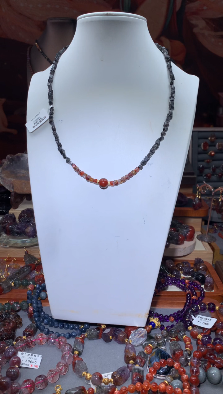未镶嵌珠宝半成品水晶黑银钛红极光项链，