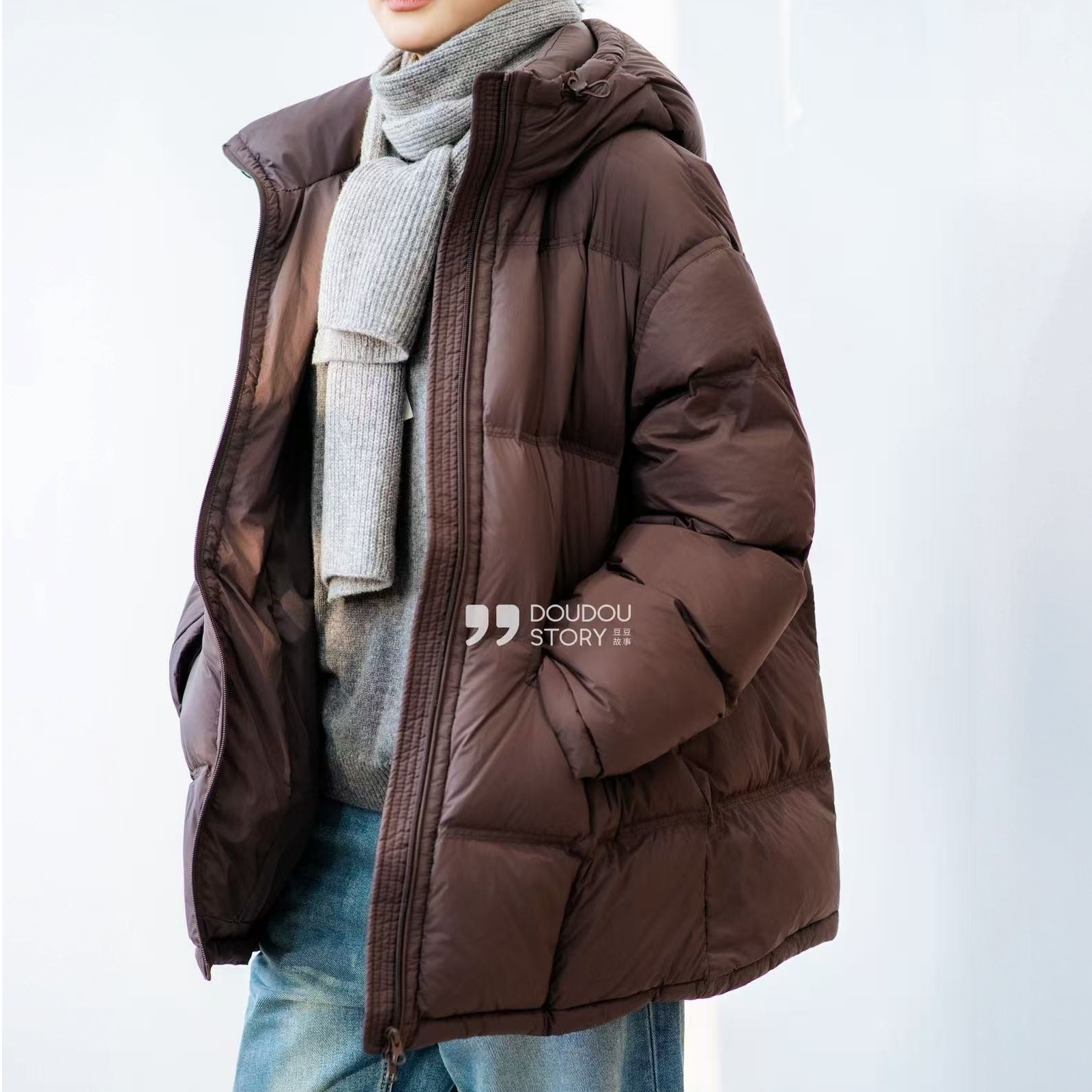 HALUNGLE/海伦格丽海伦格丽  25136  连帽方格中长款羽绒服dy