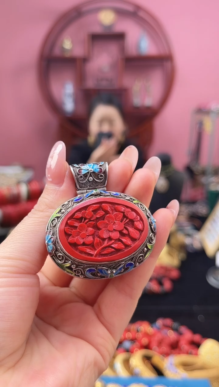 非遗 花丝镶嵌雕漆吊坠 素银 椭圆