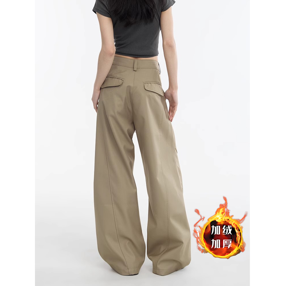 美式卡其色工装口袋阔腿裤2025秋冬新款西装裤女宽松弯刀休闲裤子