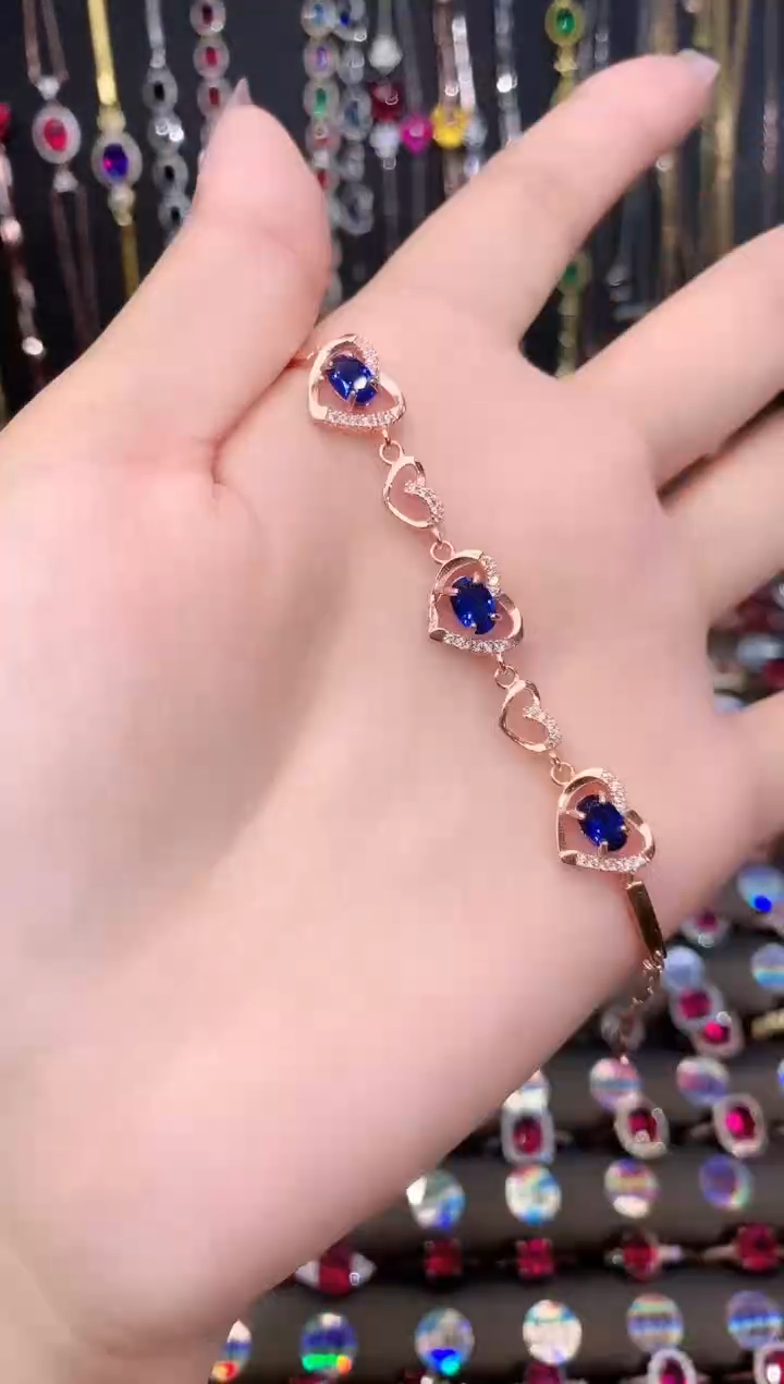 蓝宝石手链银S925镶嵌玫瑰金46