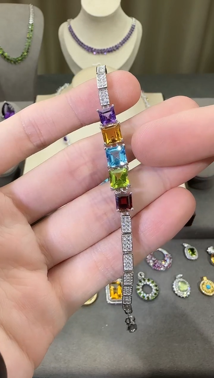 银S925镶嵌手链水晶8mm多彩宝手链高级款