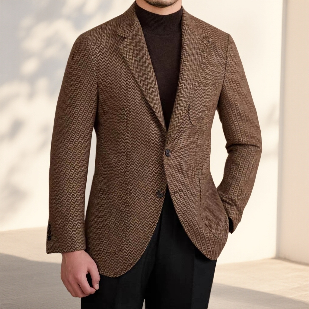 常发修峰羊毛人字纹复古修身西装通勤英伦老钱高质感绅装西服潮男