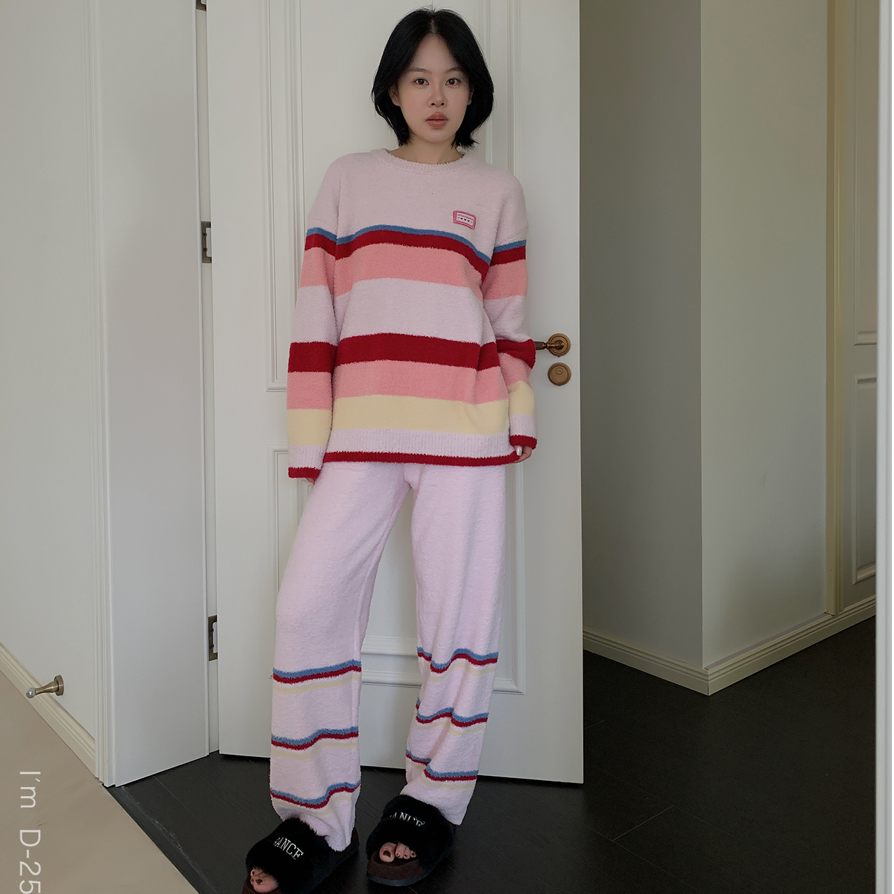 杜小宅睡衣女冬绒新款韩版撞色条纹软绵绵半边绒家居服套装可外穿