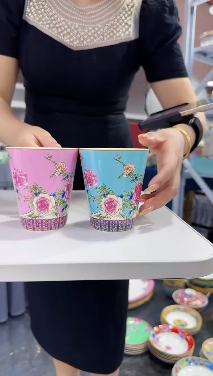 珐琅  牡丹花卉水杯2只装景德镇陶瓷