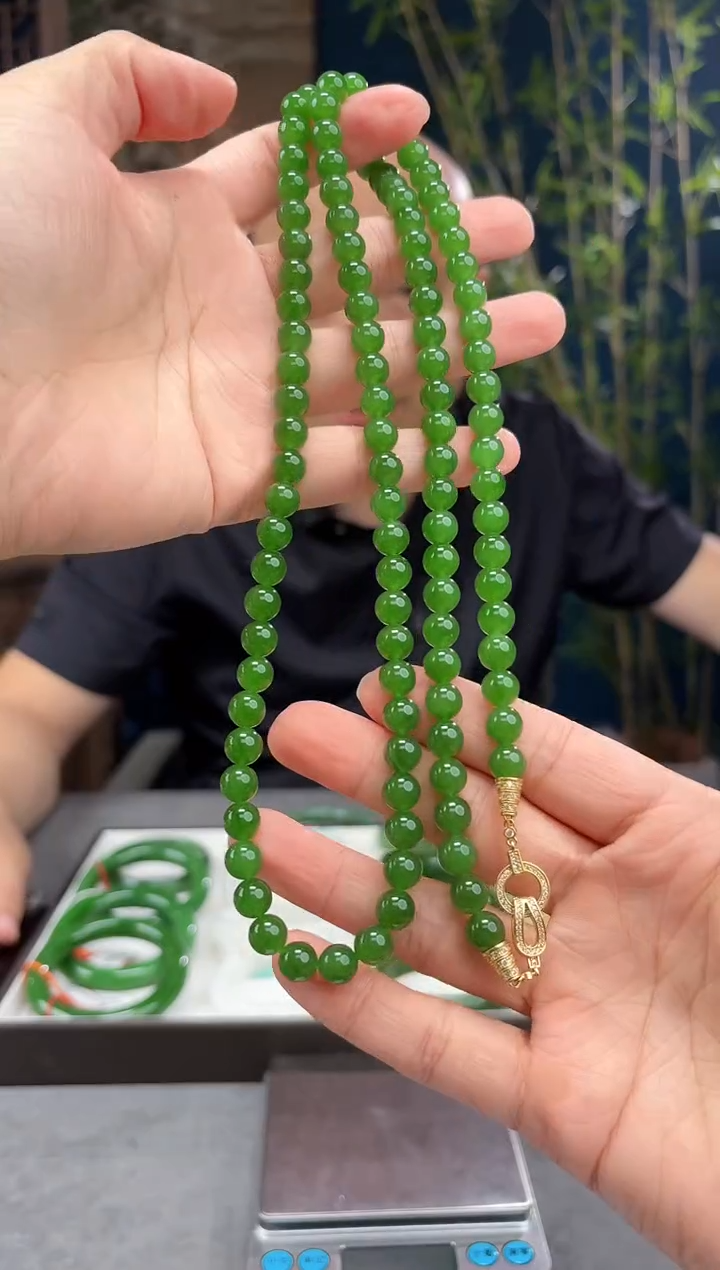 和田玉银S925镶嵌项链碧玉卡8mm