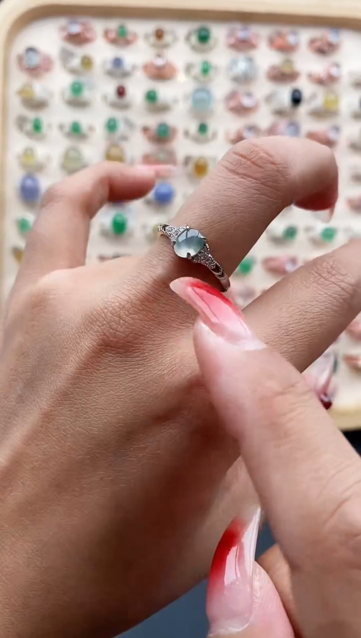 【闪购商品】翡翠戒指银S925镶嵌缅甸天然A货翡翠222   5-9