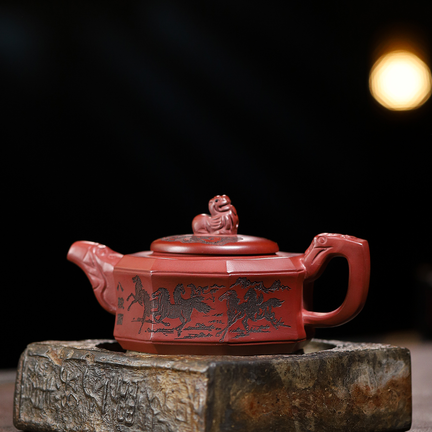 宜兴原矿百目龙血砂 六方八骏图 容量约230毫升 精美 手制紫砂壶