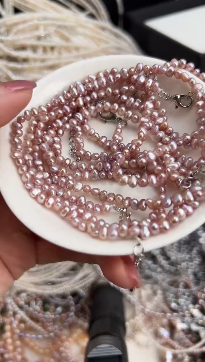 未镶嵌4淡水珍珠粉色*无核强光珍珠项链4mm+