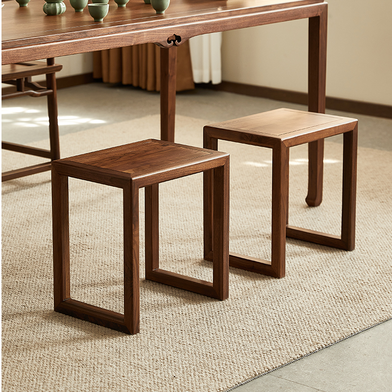 北美黑胡桃木方凳简约禅意茶凳家用实木茶室休闲换鞋矮凳子