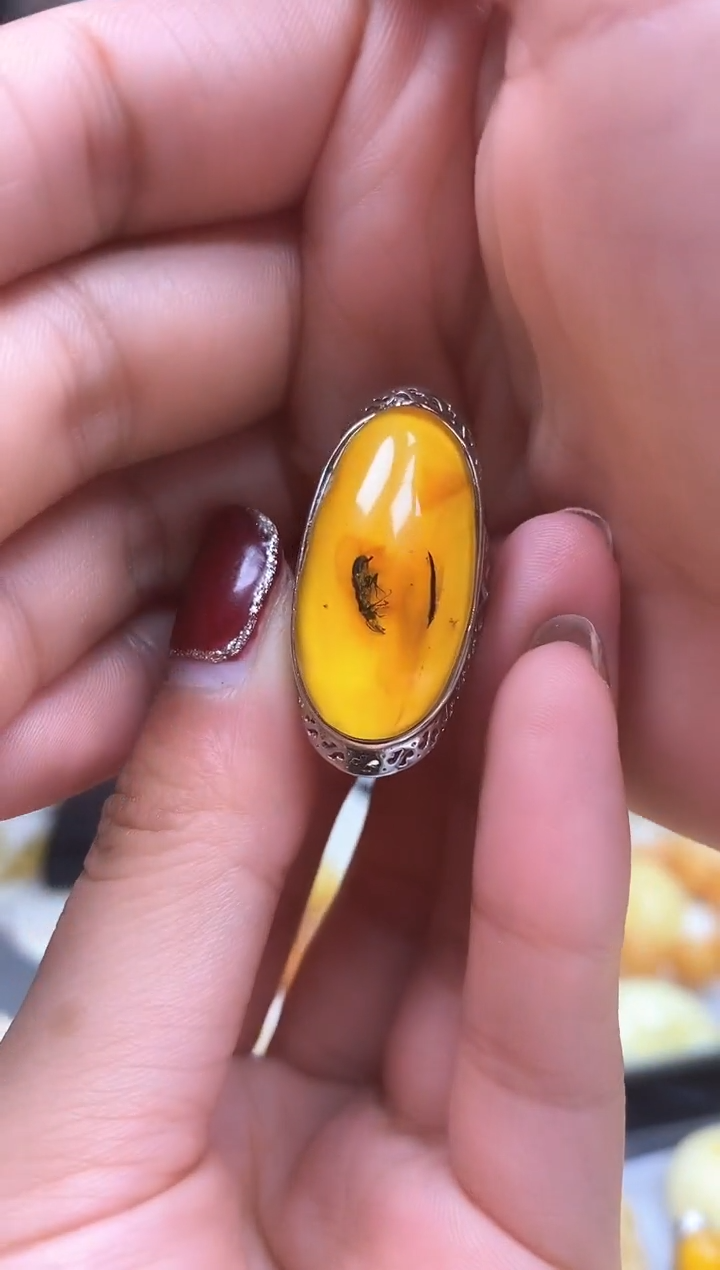 【闪购商品】虫珀裸石银S925镶嵌戒指