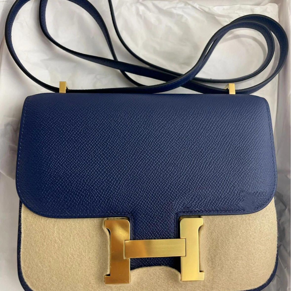 99新 Hermes/爱马仕 小花Jerry 康康 19 皇室蓝 Epsom皮 B刻 金扣