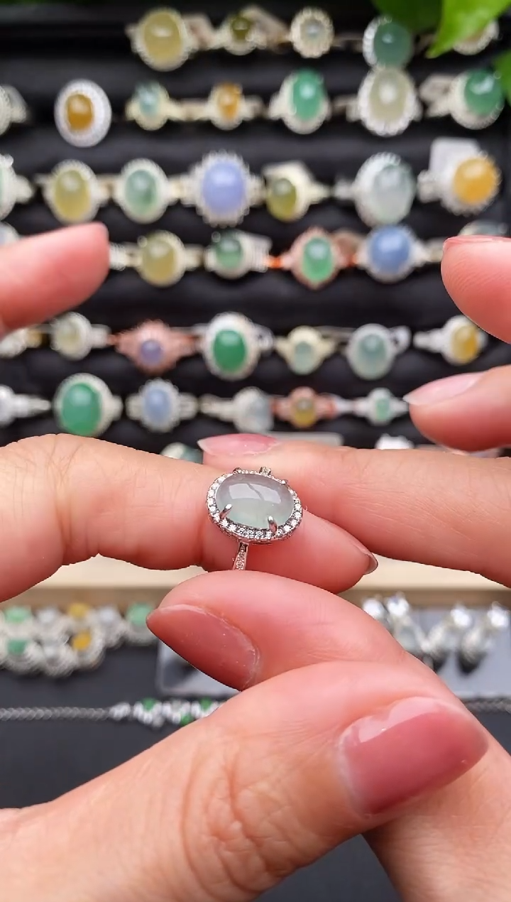 【闪购商品】翡翠戒指银S925镶嵌缅甸天然A货翡翠11   7-8