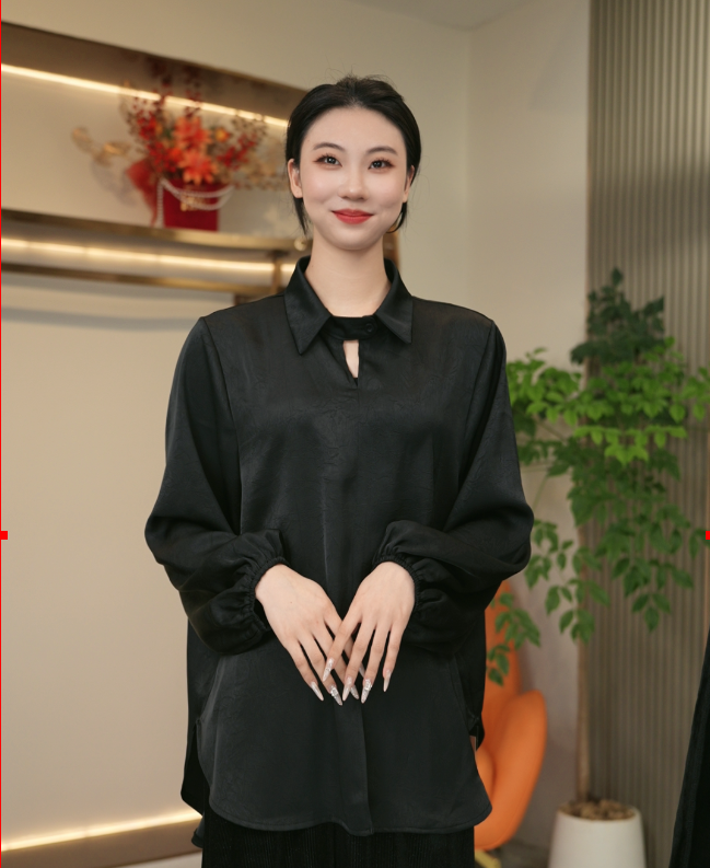 025秋季纯色复古黑色百搭显瘦上衣衬衫不褪色长袖小衫