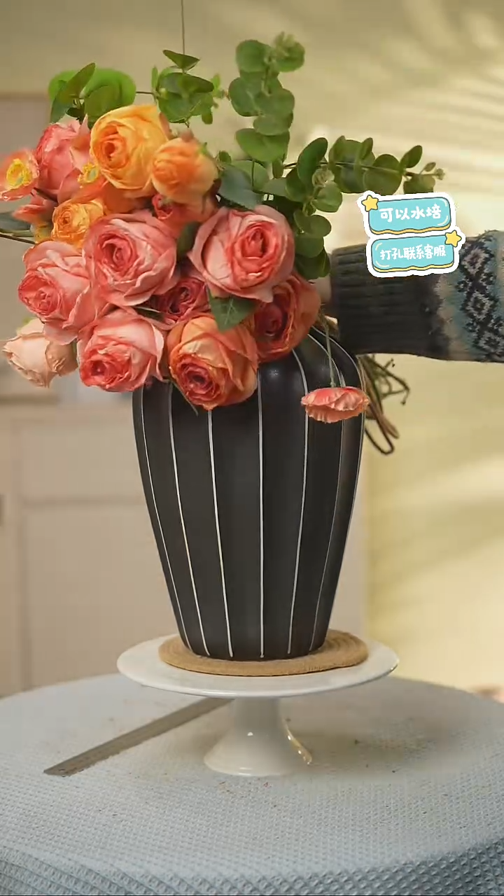黑色八角瓶景德镇高端陶瓷花瓶家居水培插花瓶