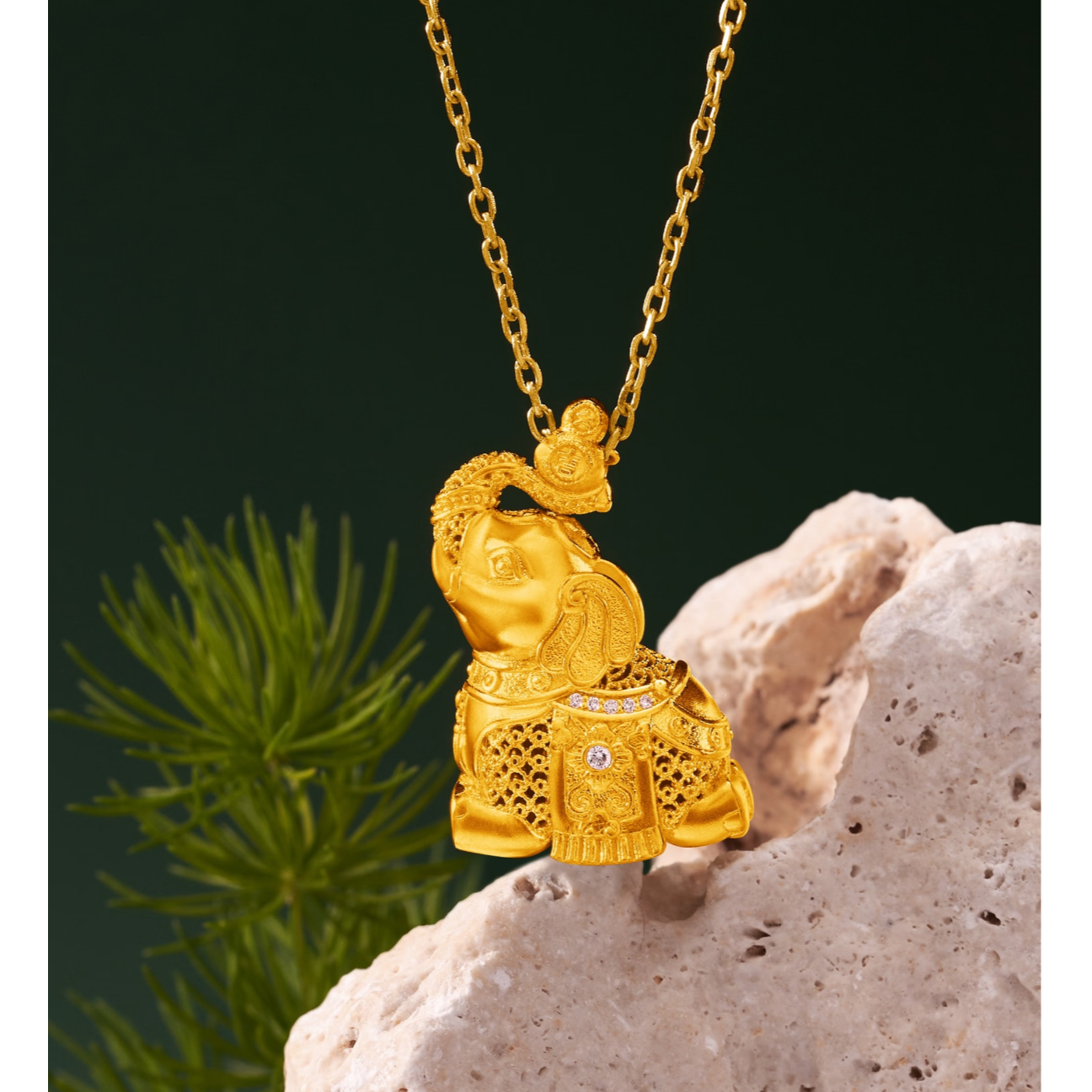 京工美作 吉象福运项链 古法黄金手作镶嵌钻 轻奢时尚