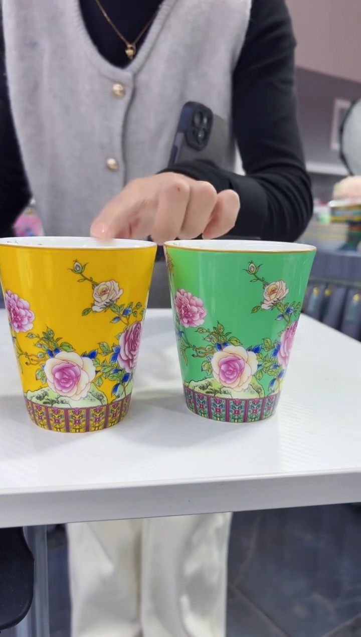 珐琅 牡丹花卉水杯2只装景德镇   