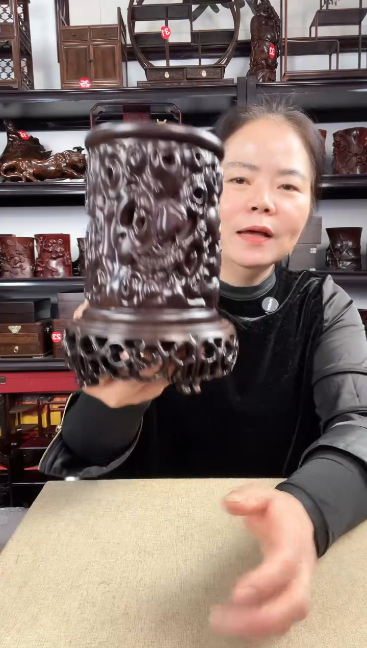 木新款3+寿桃笔筒老李红木工艺品
