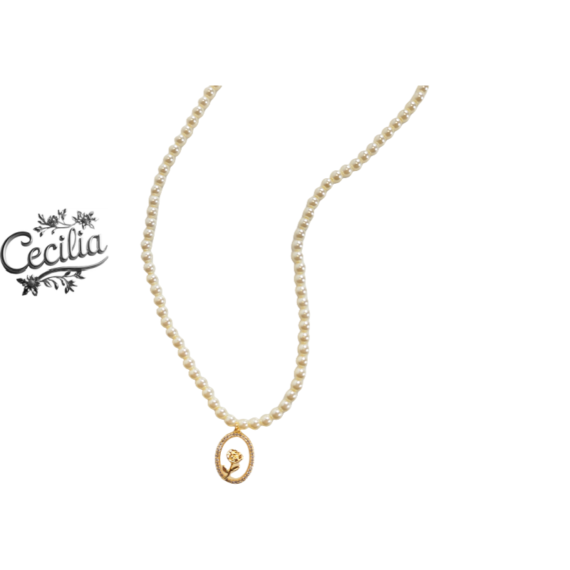 合金项链 Cecilia浪漫珍珠项链 |金玫瑰吊坠浪漫情调气质Y-X16