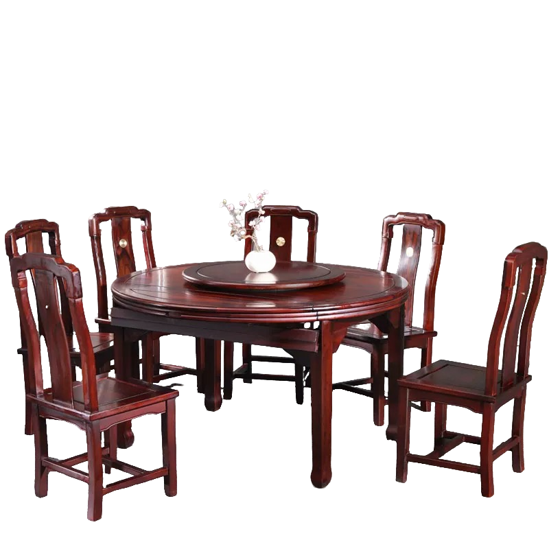 圆形设计餐桌红木圆桌椅组合新中式圆桌欧式简约雕花椅子