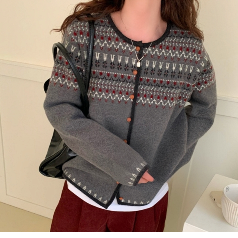 费尔岛提花撞色圆领长袖毛衣宽松显瘦开衫针织毛衣外套女