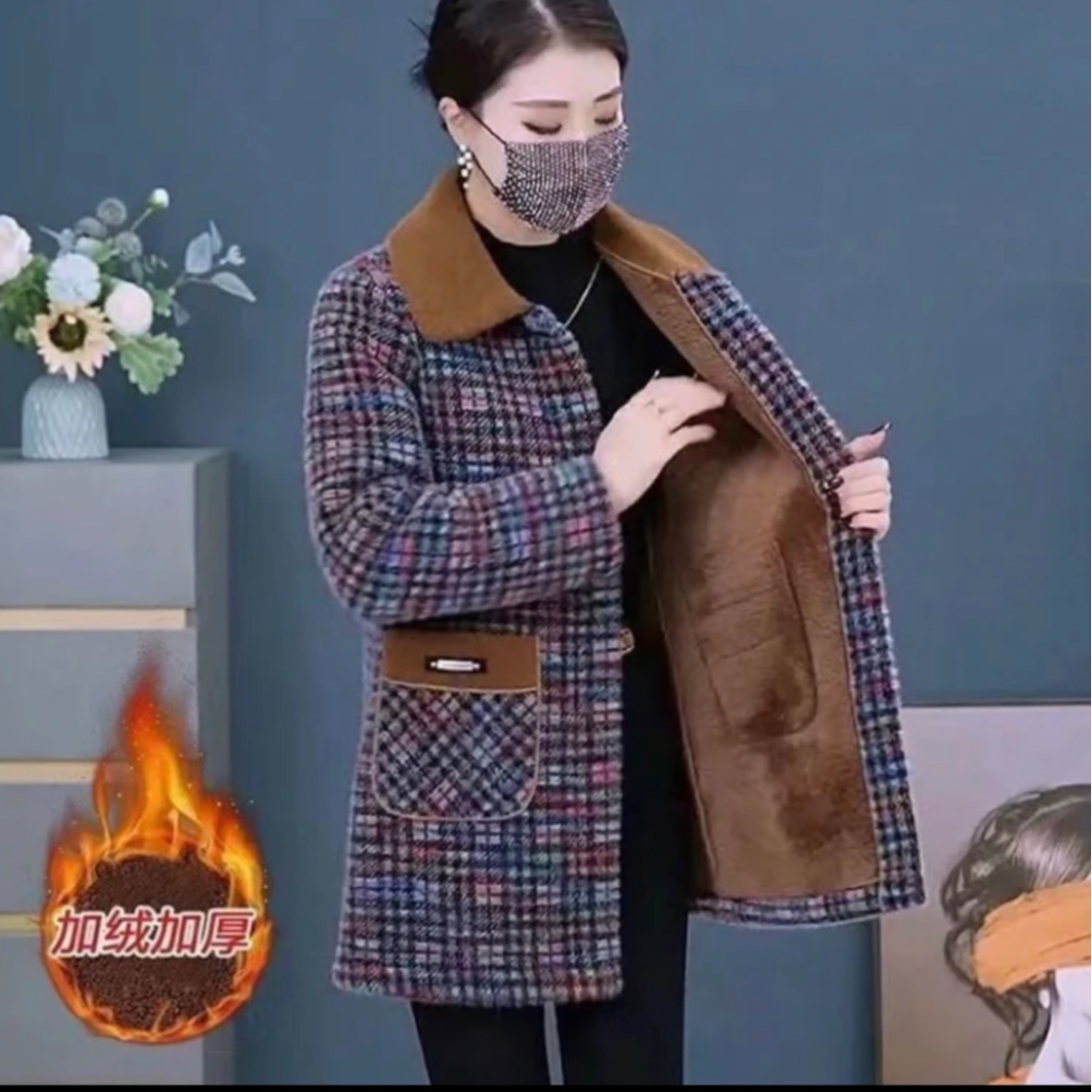 妈妈装冬季加绒保暖北极绒上衣外套女新款中长加厚贵妃绒洋气大衣