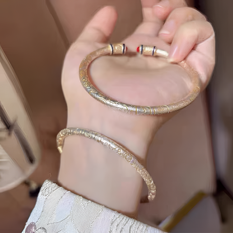 足银手镯 描金吉言唐草纹足银复古实心鸿运如意开口镯中式吉言