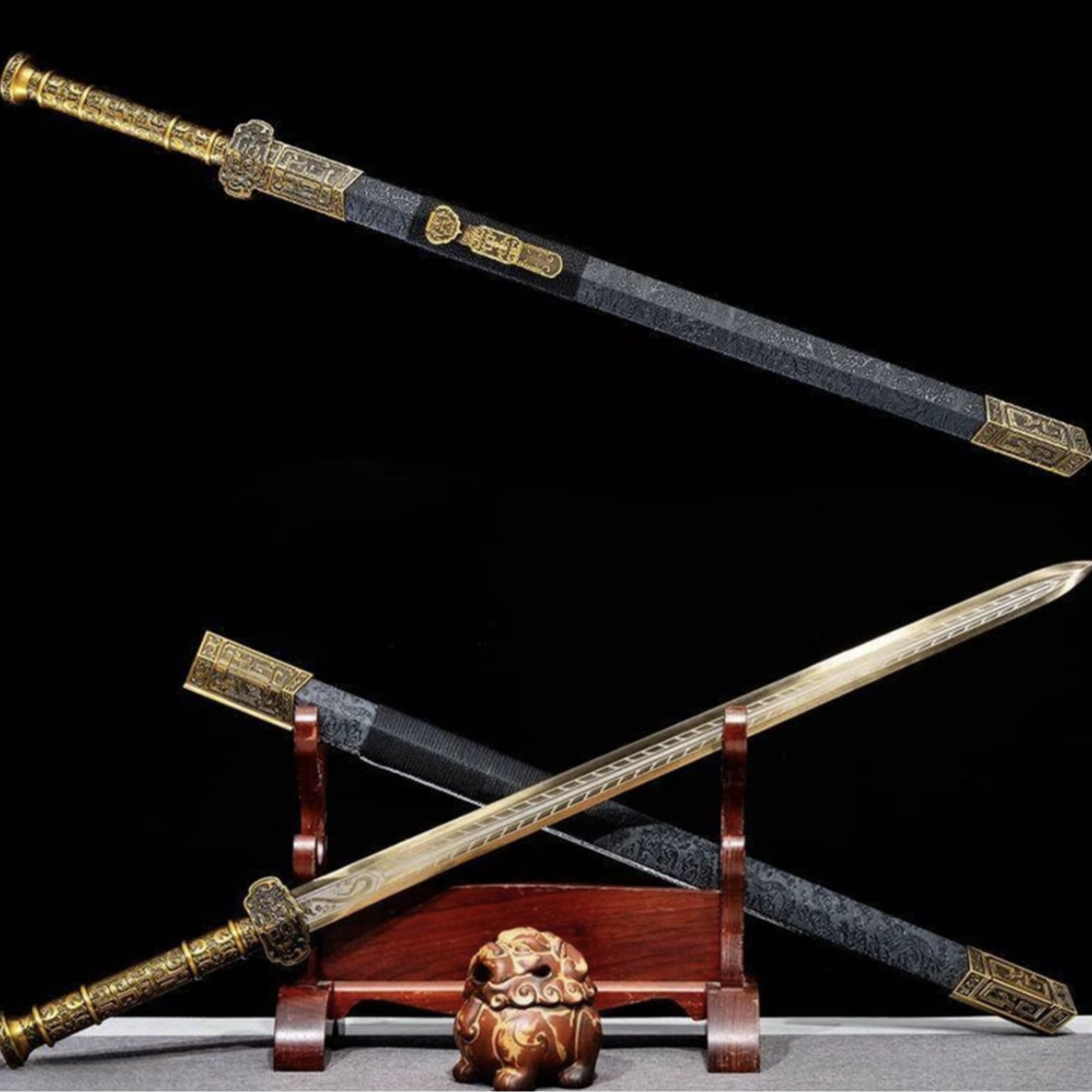 新疆专场【如意汉剑】高锰钢  优质合金装具 实木包锦缎 未开刃摆件