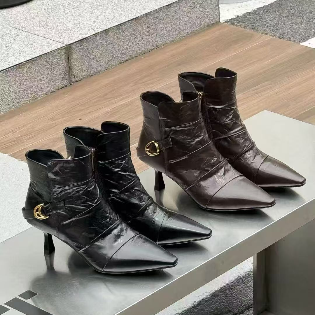 5公分/牛皮/时装女鞋尖头黑色马丁靴时尚短靴女靴系带细跟C55059