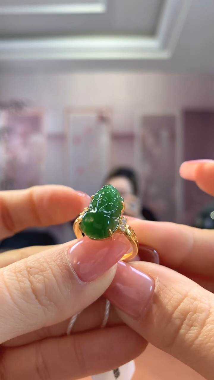 【闪购商品】和田玉戒指银S925镶嵌碧玉貔貅戒指