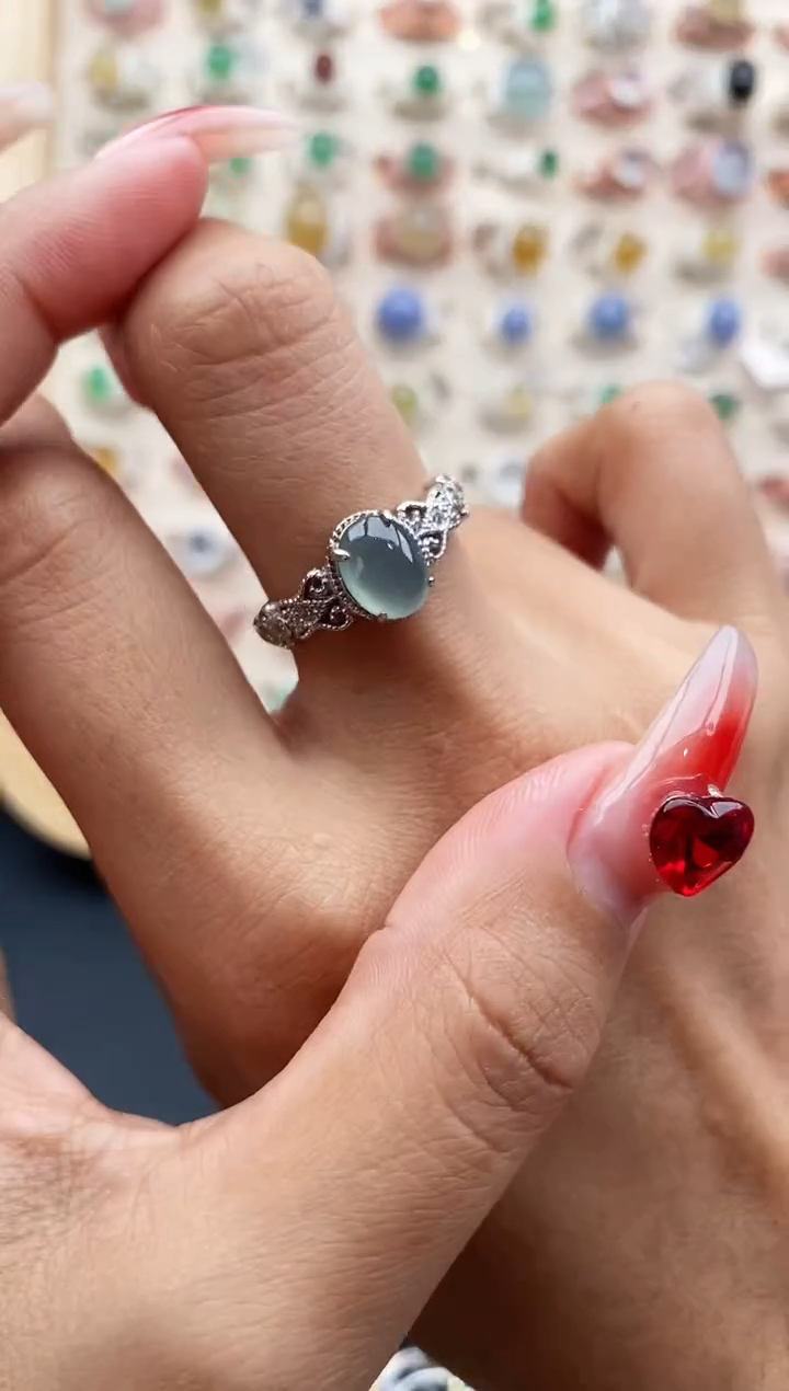 【闪购商品】翡翠戒指银S925镶嵌缅甸天然A货翡翠111 10+8