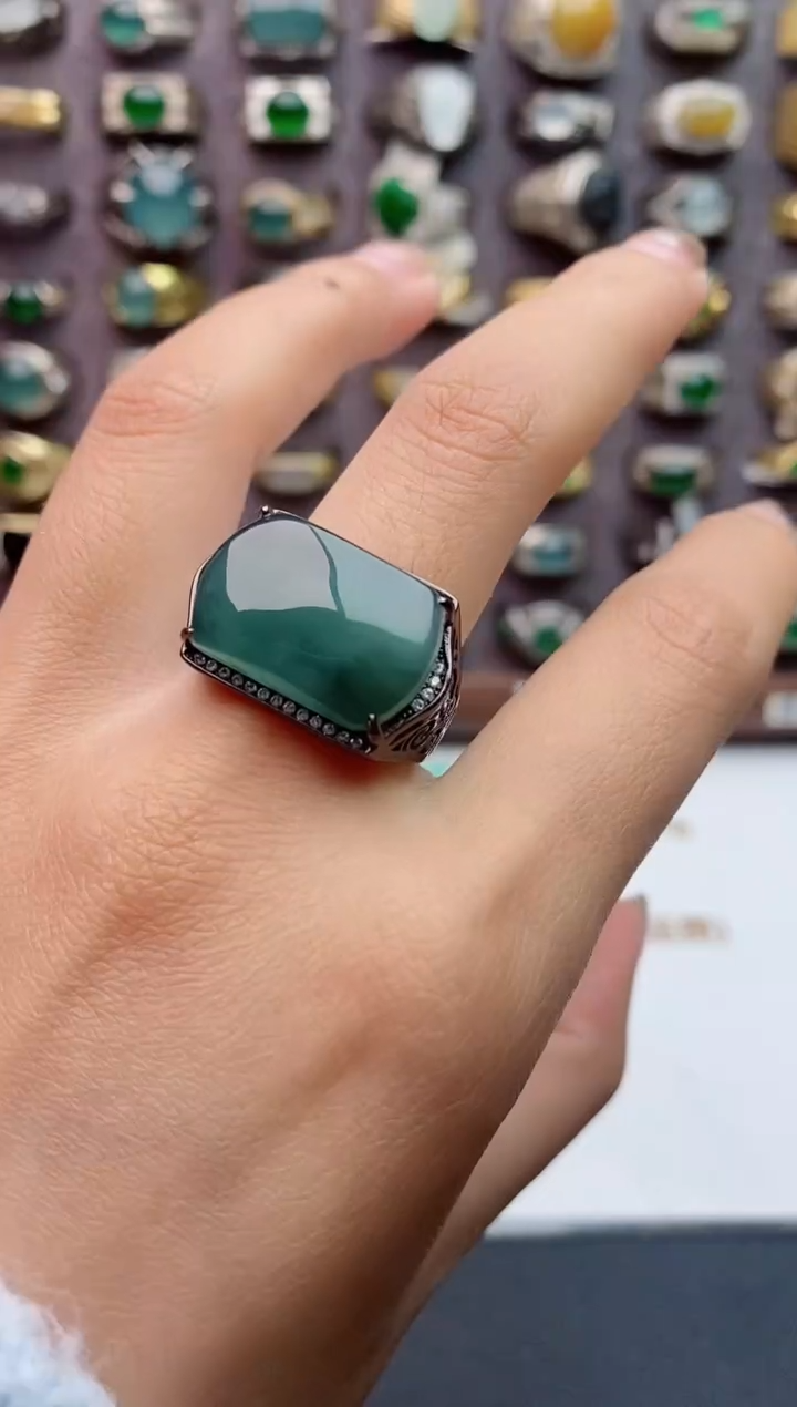 银S925镶嵌戒指翡翠天然翡翠男戒