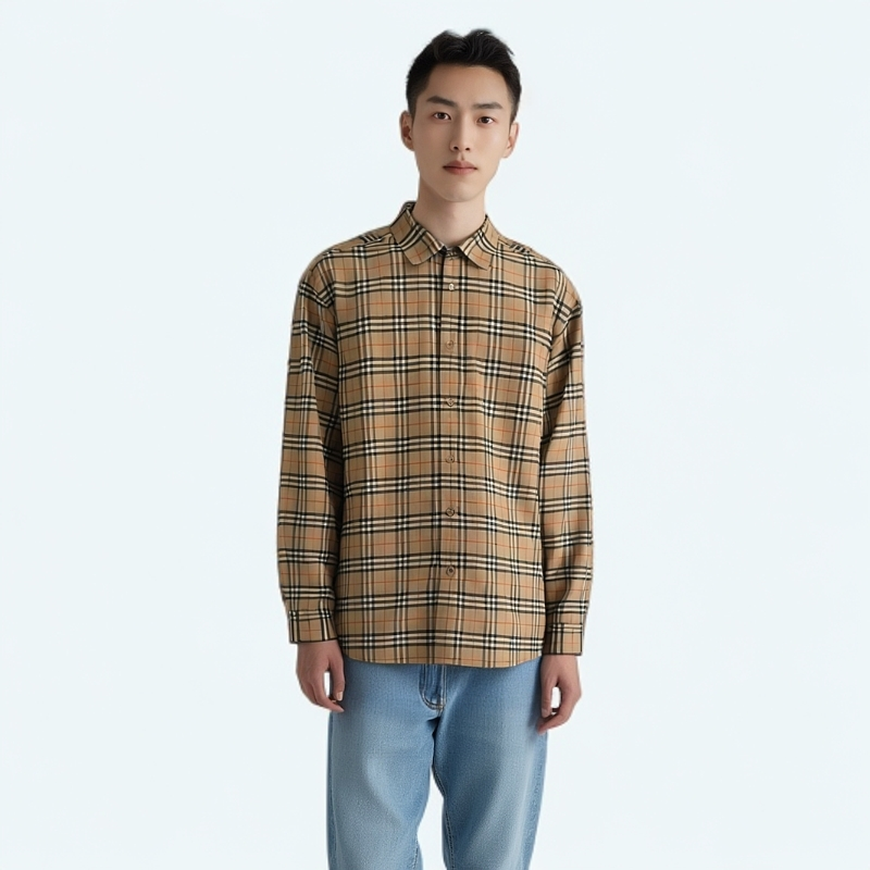 99新 BURBERRY/博柏利 12336993 格纹翻领衬衫卡其色M码 领扣瑕疵