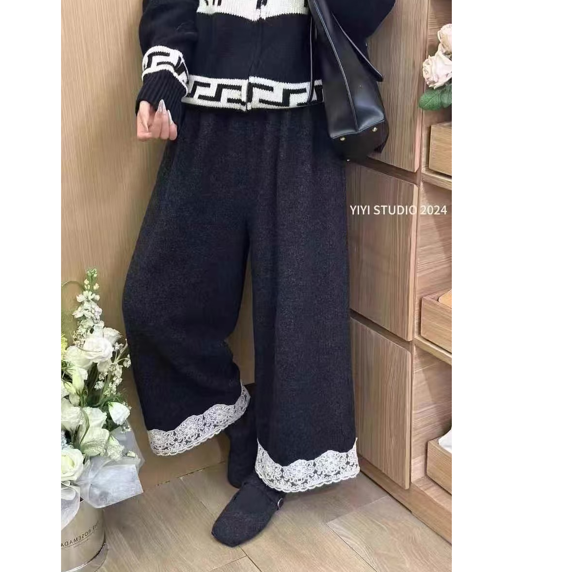 韩版拼接花边休闲直筒裤